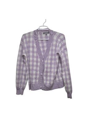 Lavender Gingham Cardigan Sweater Button Front Womens M
